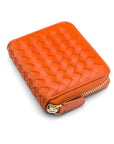 Small zip around woven leather accordion purse, orange, front