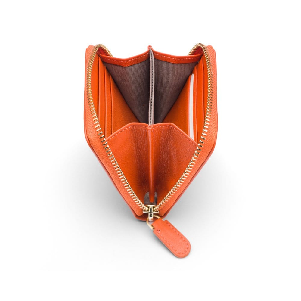 Small zip around woven leather accordion purse, orange, open