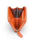Small zip around woven leather accordion purse, orange, open
