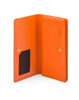 Tall leather Trinity purse, orange, open