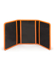 Leather tri-fold travel card holder, orange, open