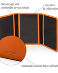 Leather tri-fold travel card holder, orange, features