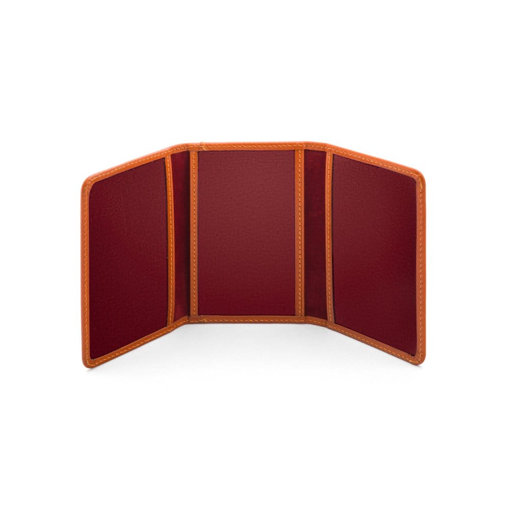 Leather tri-fold travel card holder, orange with red, open