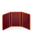 Leather tri-fold travel card holder, orange with red, open