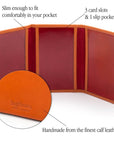 Leather tri-fold travel card holder, orange with red, features