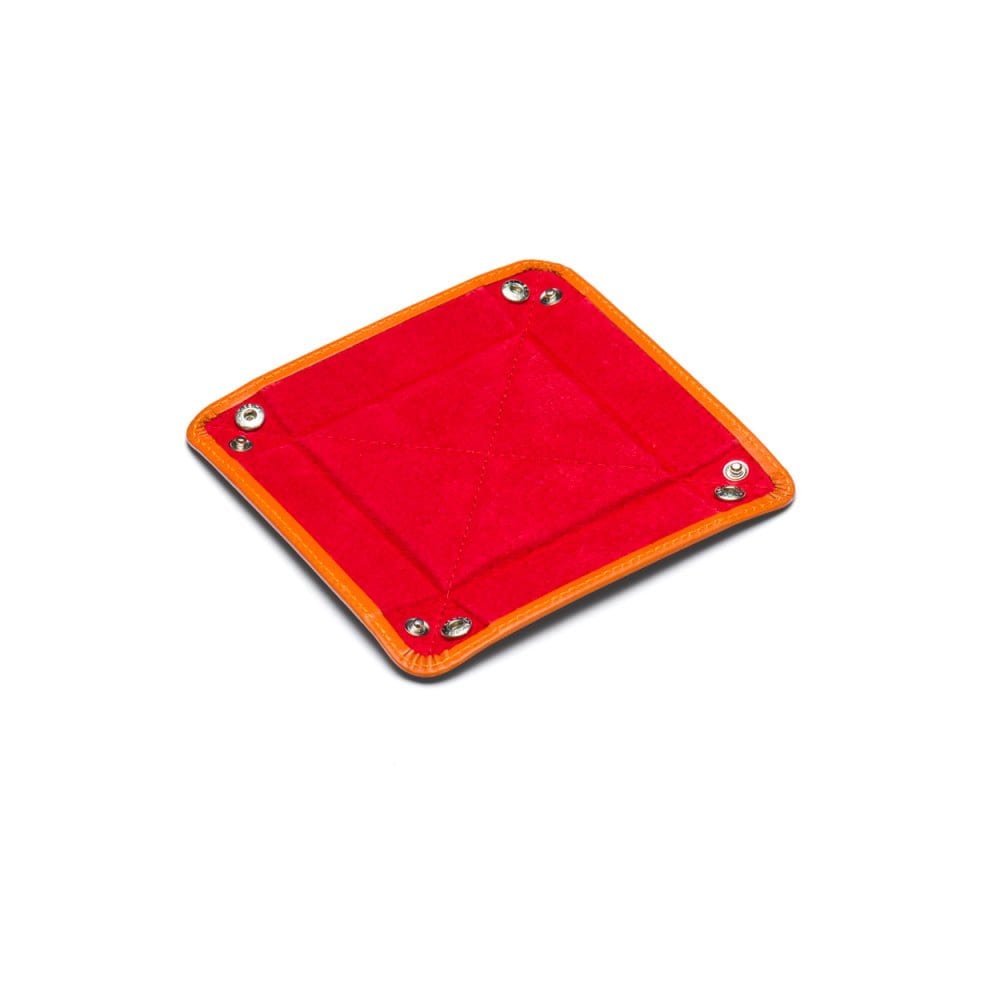 Small leather valet tray, orange with red, open