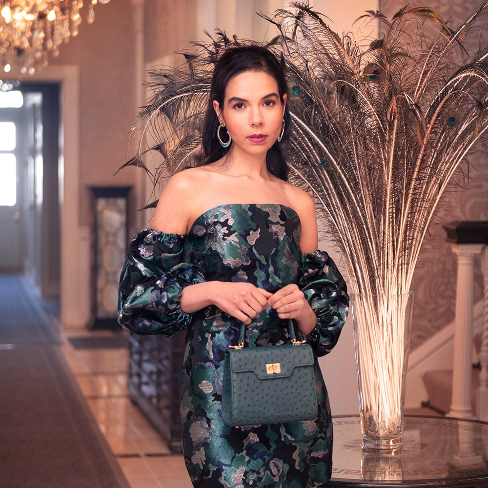 Mini ostrich eather Morgan Bag, top handle bag, green, lifestyle