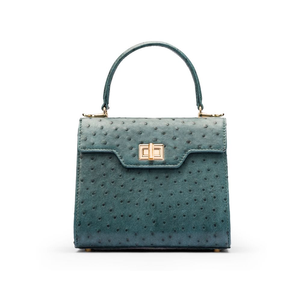 Mini ostrich leather Morgan Bag, top handle bag, petrol green, front