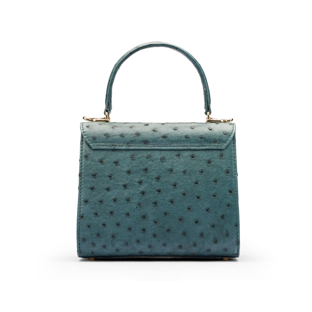 Mini ostrich leather Morgan Bag, top handle bag, petrol green, back