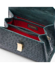 Ostrich leather top handle bag, petrol green, inside