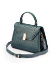 Ostrich leather top handle bag, petrol green, side