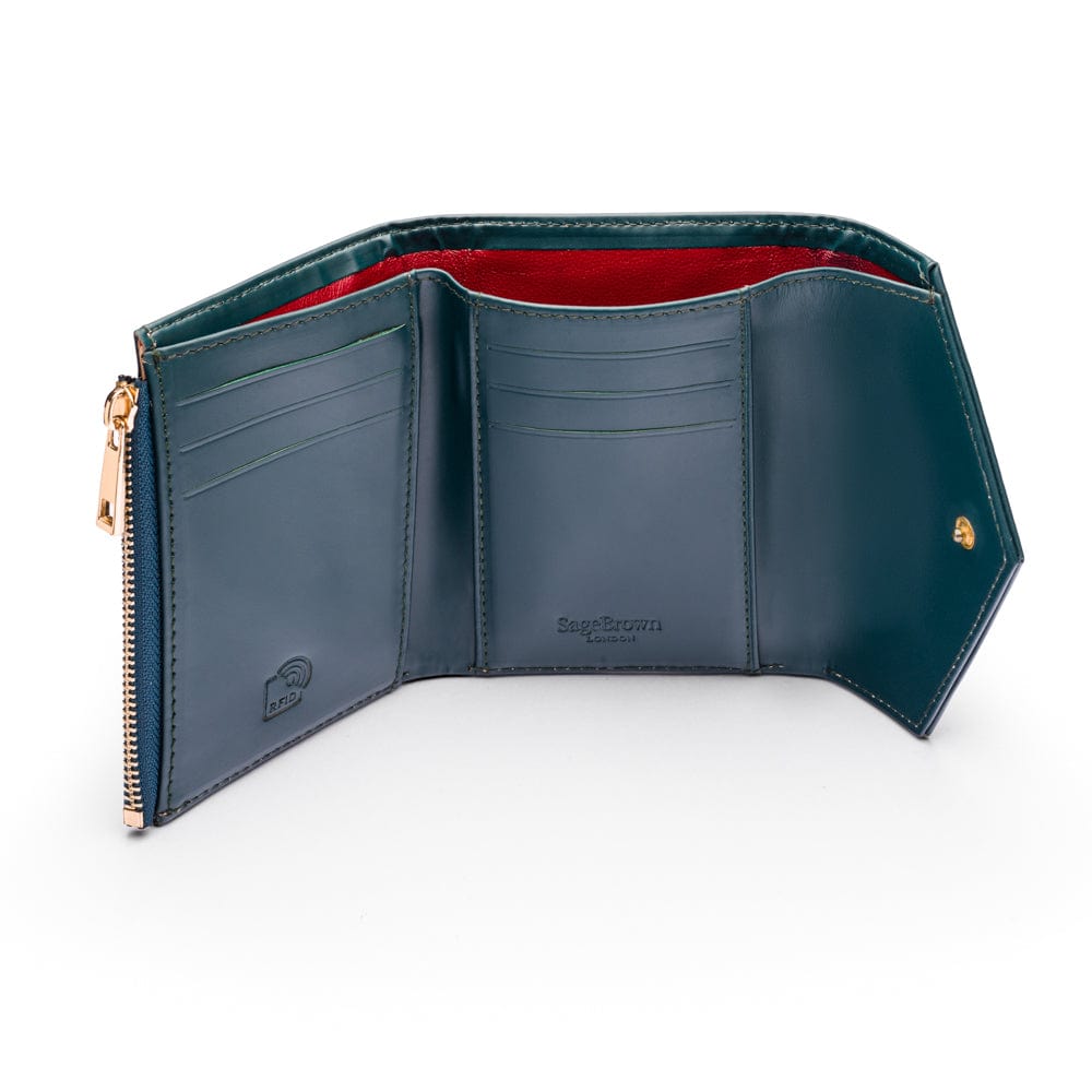 RFID blocking leather envelope purse, petrol green, inside
