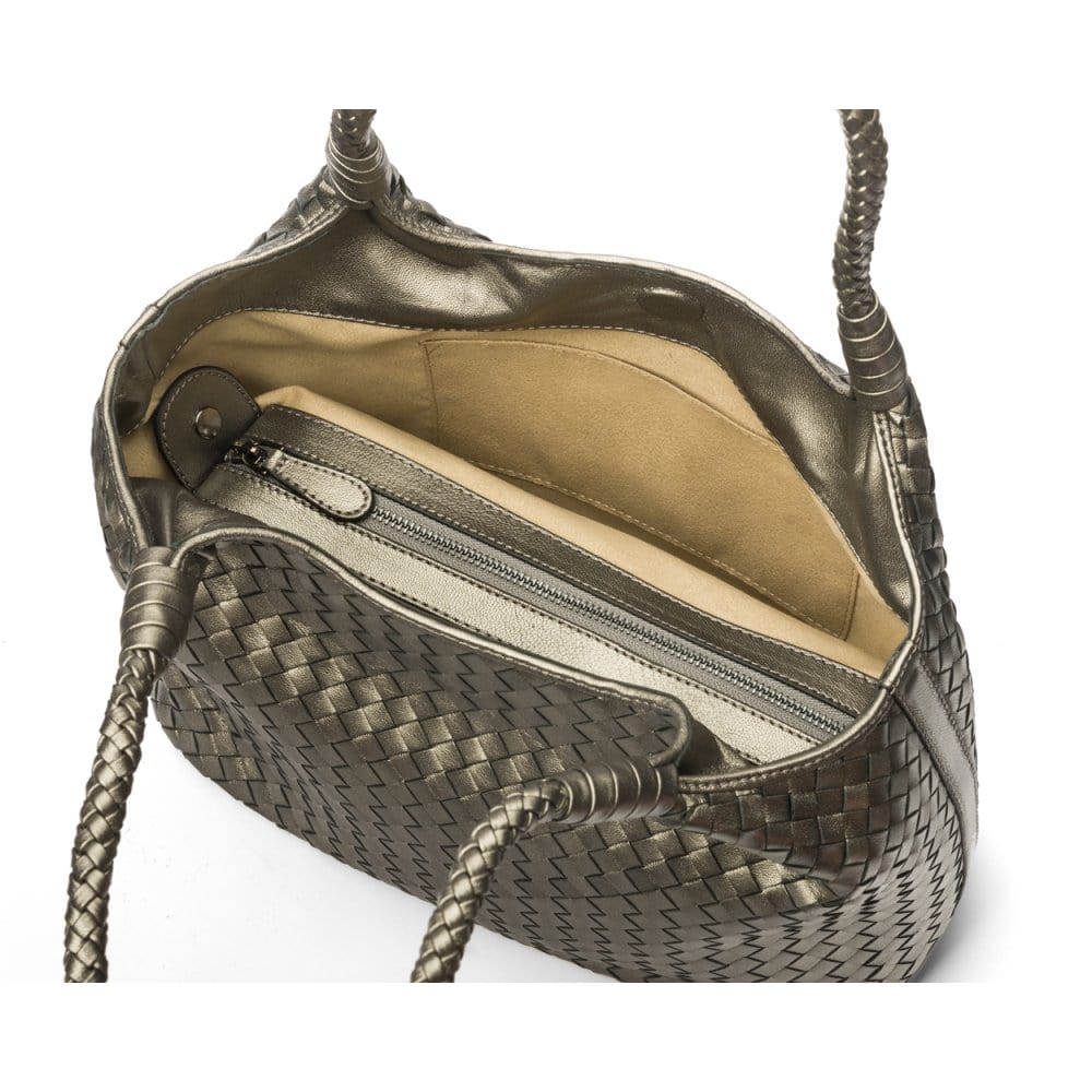 Woven leather shoulder bag, pewter, inside