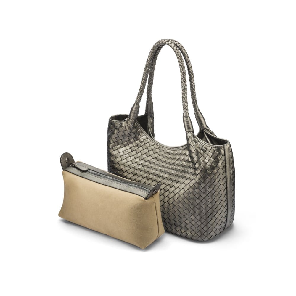 Woven leather shoulder bag, pewter, with inner bag