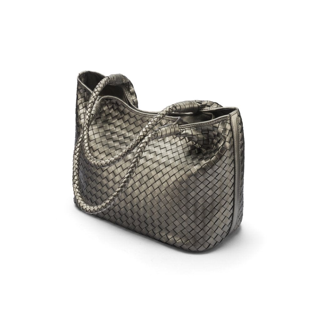 Woven leather shoulder bag, pewter