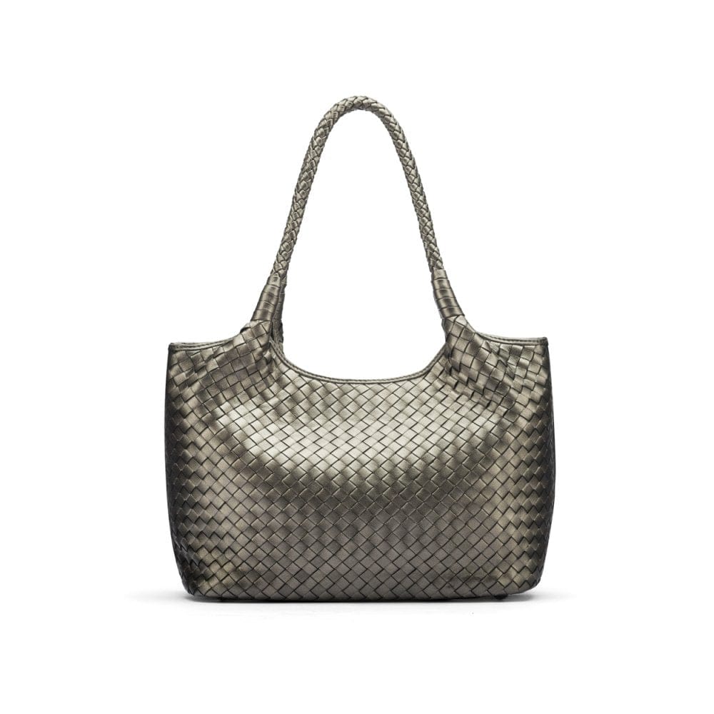 Woven leather shoulder bag, pewter, front