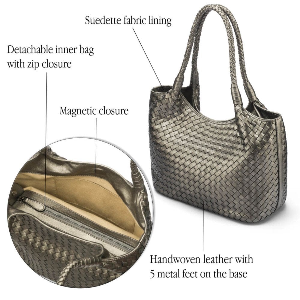 Woven leather shoulder bag, pewter, features