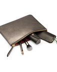 Large leather makeup bag, pewter