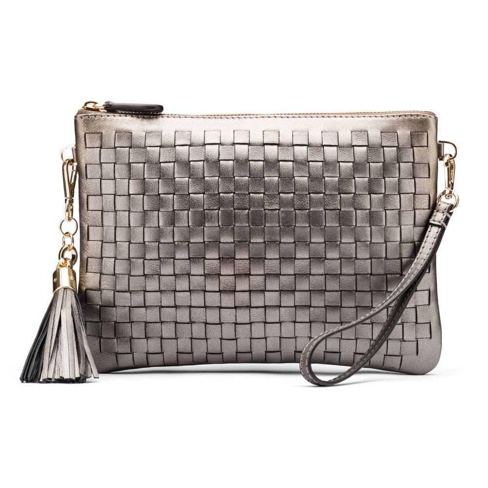Leather woven cross body bag, pewter, front view