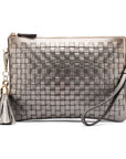Leather woven cross body bag, pewter, front view