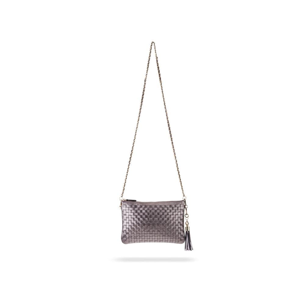 Leather woven cross body bag, pewter, with long strap