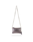 Leather woven cross body bag, pewter, with long strap