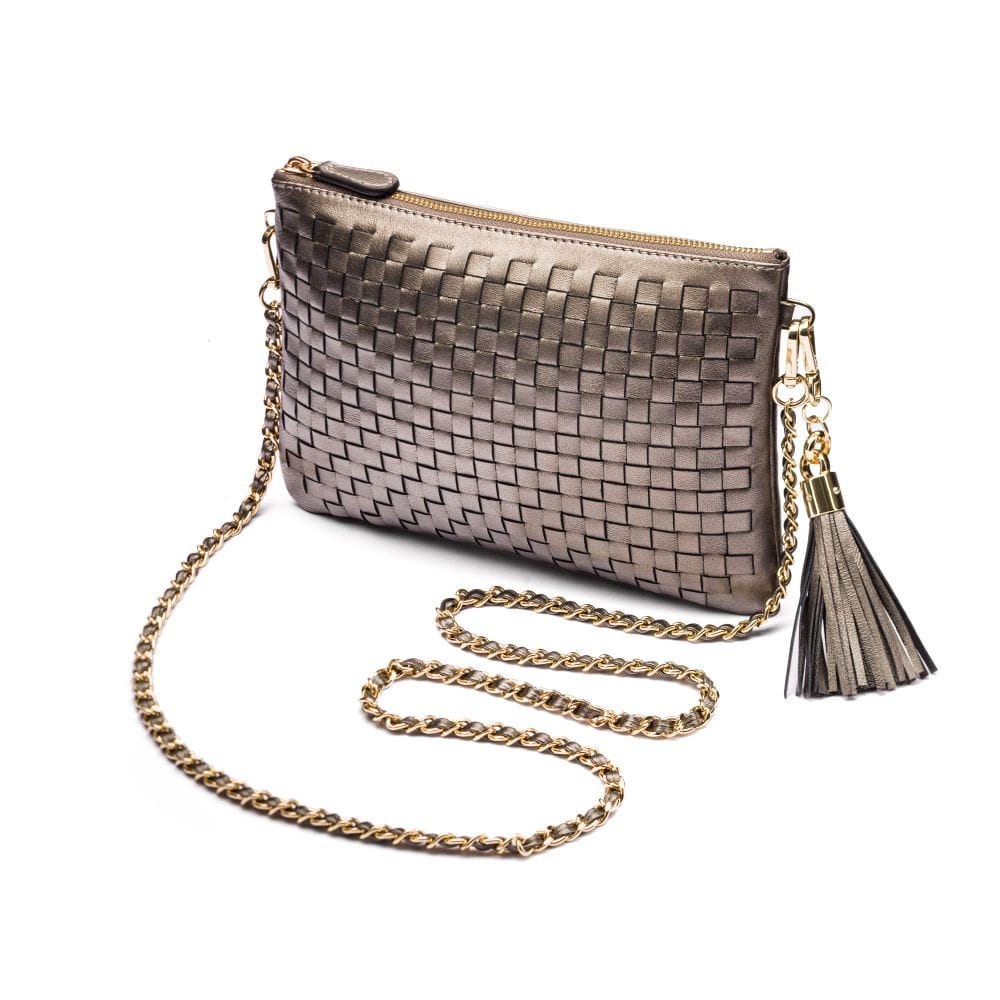 Leather woven cross body bag, pewter, with chain strap