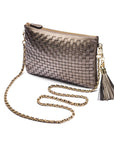 Leather woven cross body bag, pewter, with chain strap