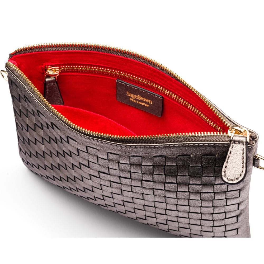 Leather woven cross body bag, pewter, inside