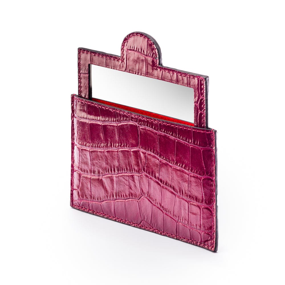Compact leather mirror, pink croc, side