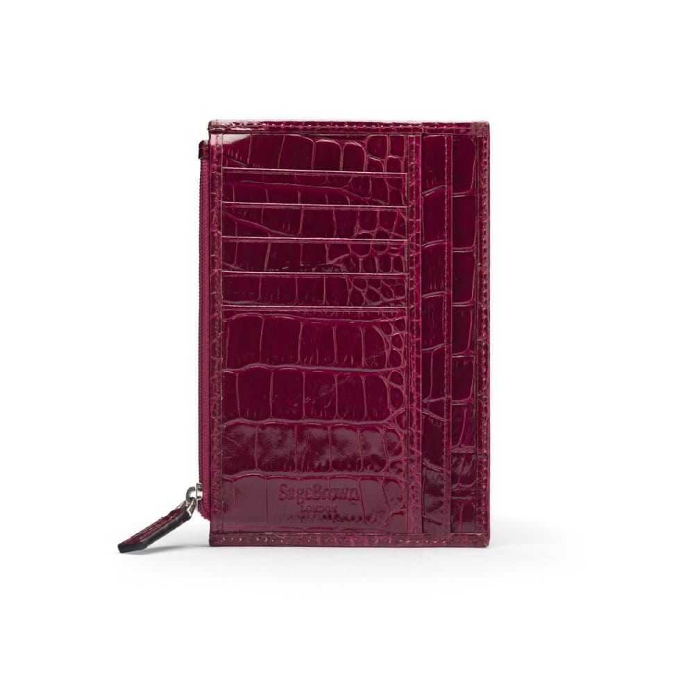 Flat leather card wallet with jotter and zip, pink croc, back