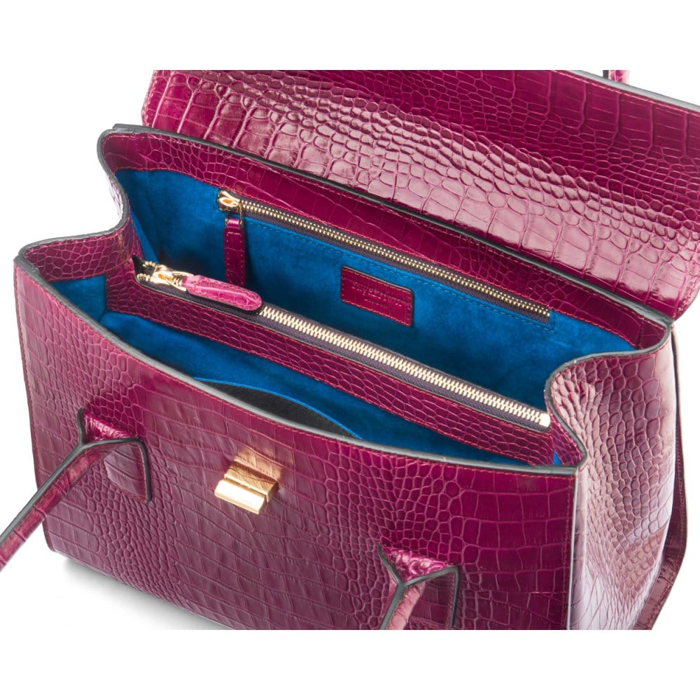 Large leather Morgan bag, pink croc, inside view