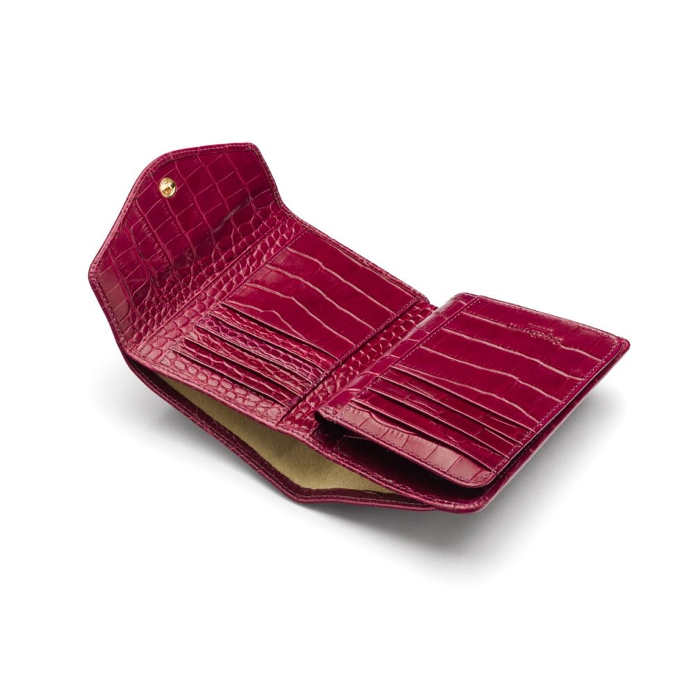 Large leather purse with 15 CC, pink croc, open