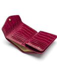Large leather purse with 15 CC, pink croc, open