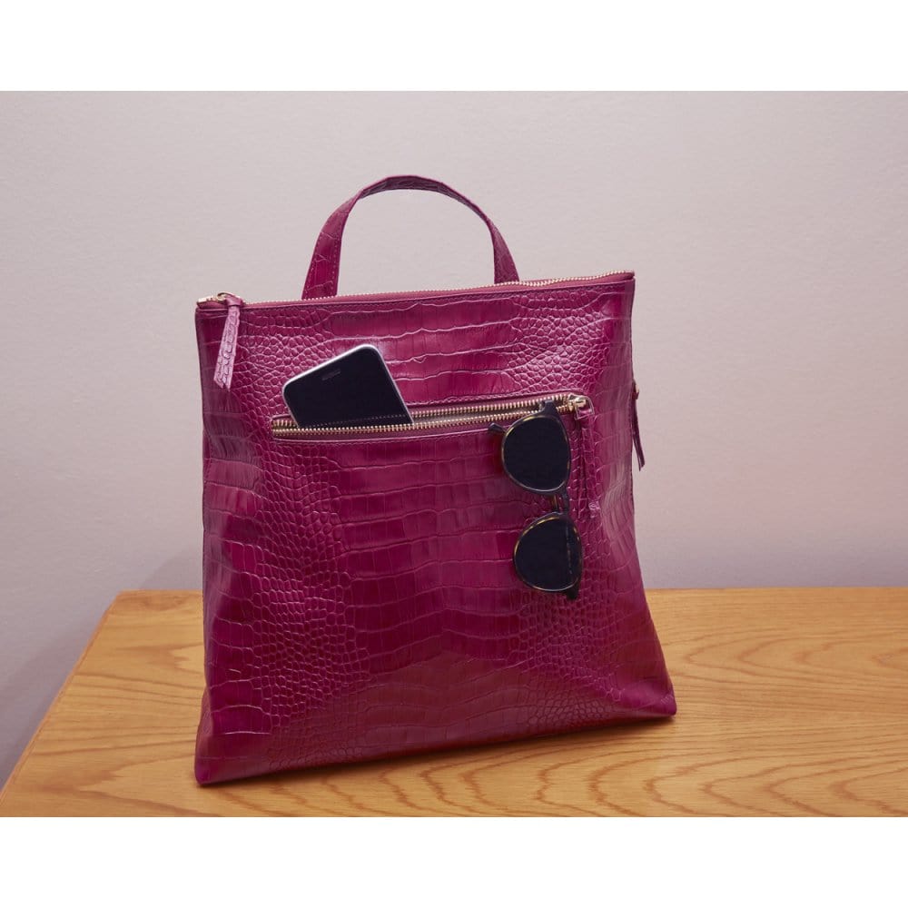 Leather 13" laptop backpack, pink croc, lifestyle
