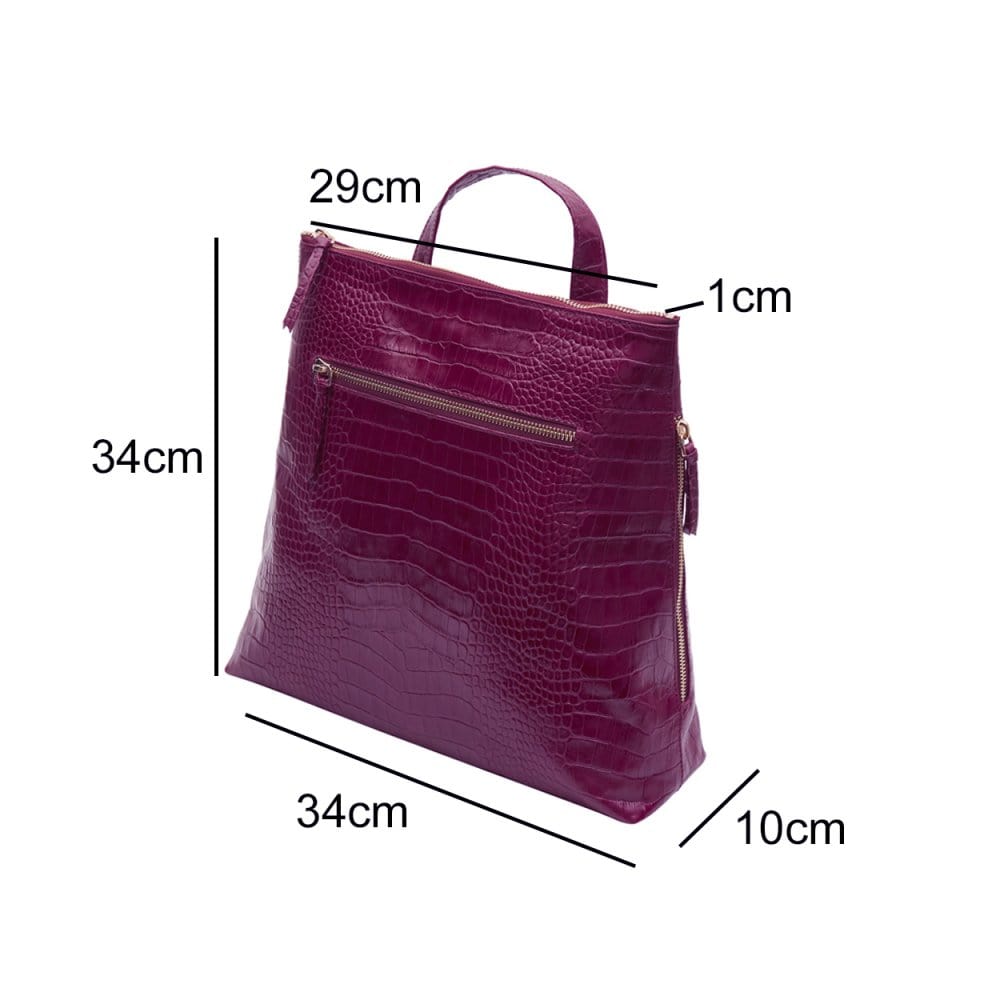 Leather 13" laptop backpack, pink croc, dimensions