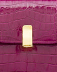 Leather top handle bag, pink croc, lock closeup