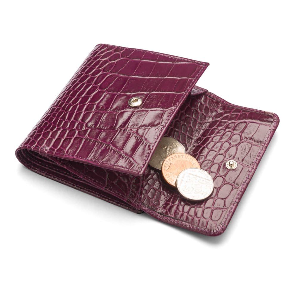 Leather purse with brass clasp, pink croc, open
