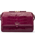 Compact crossbody bag, pink croc, front