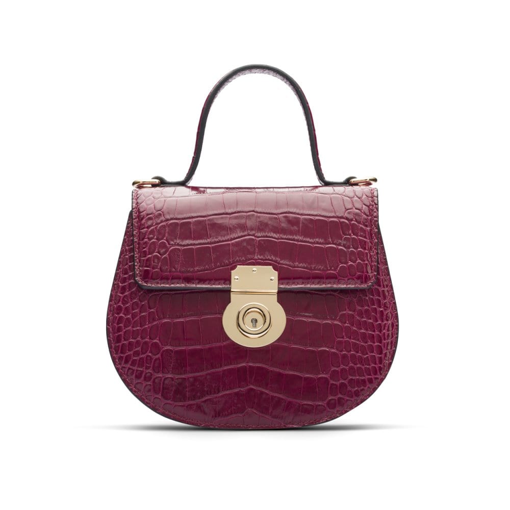 Leather rounded bottom top handle bag, pink croc, front