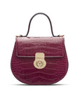 Leather rounded bottom top handle bag, pink croc, front
