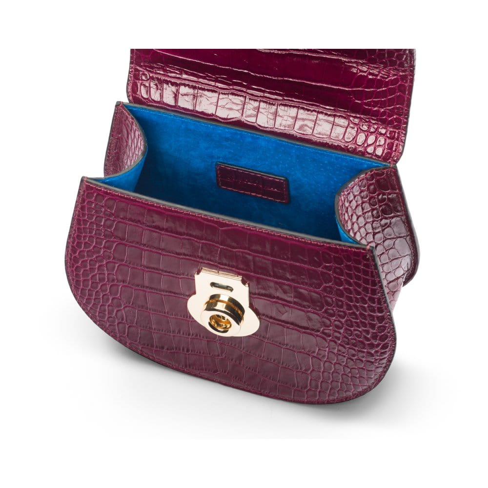 Leather rounded bottom top handle bag, pink croc, inside