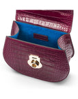 Leather rounded bottom top handle bag, pink croc, inside
