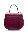 Leather rounded bottom top handle bag, pink croc, back