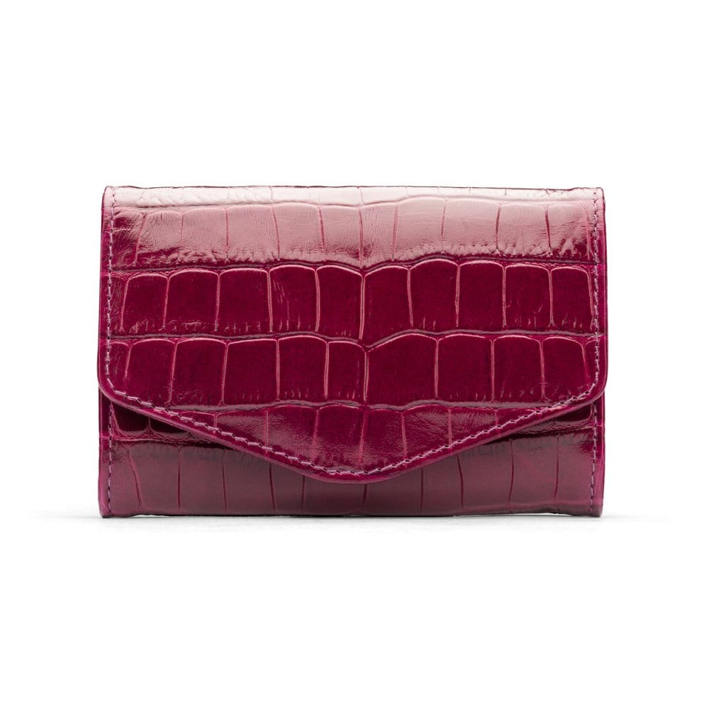 Small leather concertina purse, pink croc, front