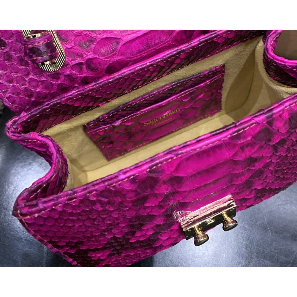 Small real python top handle bag, pink, inside