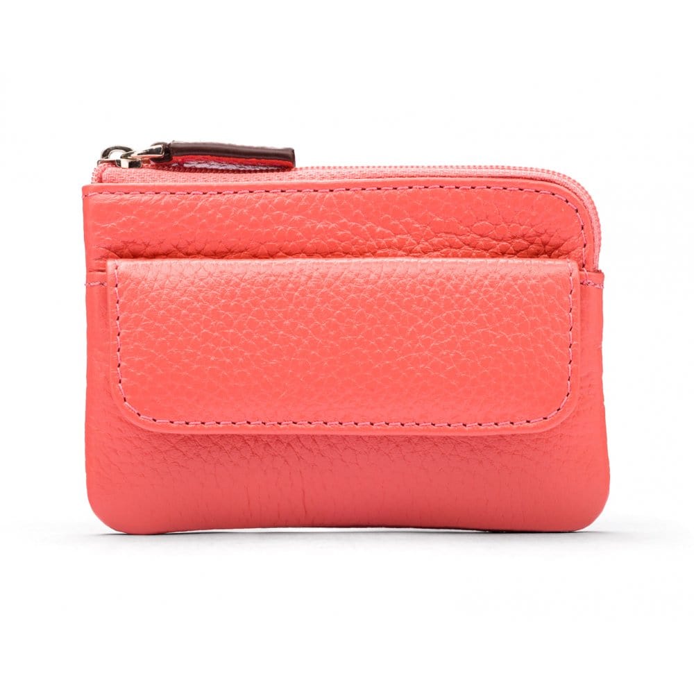 Small leather zip coin purse, pink, front
