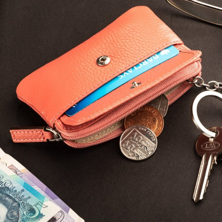 Small leather zip coin purse, pink, lifestyle