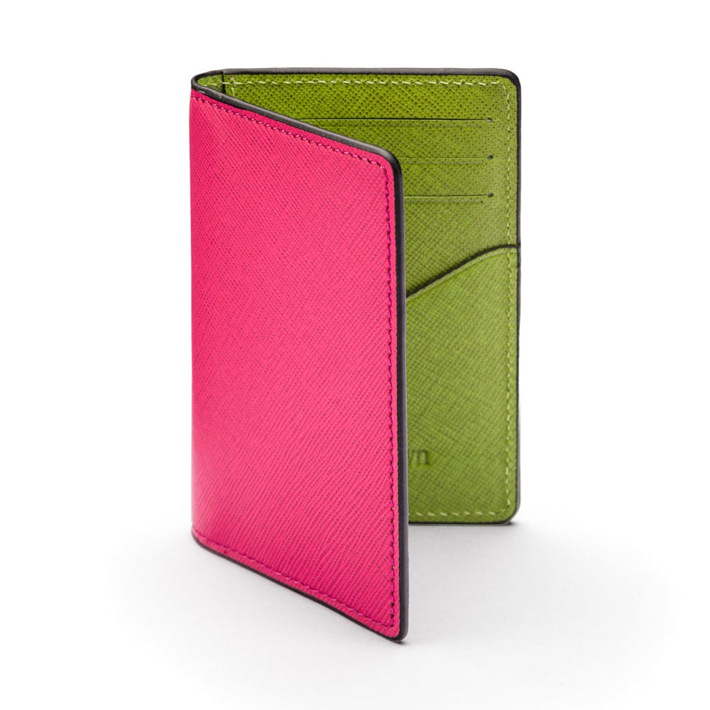 RFID bifold credit card holder, pink  with lime saffiano, front view