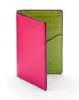 RFID bifold credit card holder, pink with lime saffiano, front view